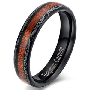 5mm - Unisex or Women's Wedding Bands. Tungsten Ring Koa Wood and Tribal Design - Womens Wedding Rings Black Plated with Dark Wood Inlay / Domed Top