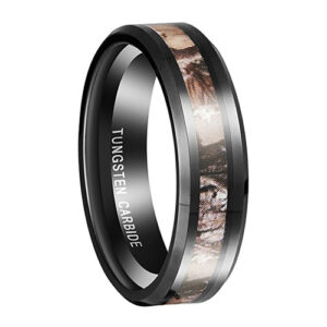 6mm - Unisex, Women's Tungsten Wedding Band. Black band with Camouflage Light Tan Inlay Tungsten Carbide Ring