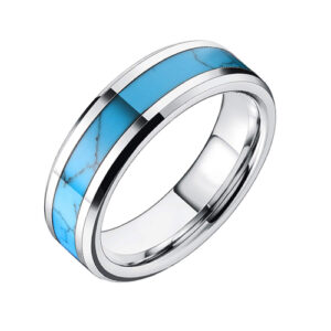 6mm - Unisex or Women's Blue Turquoise Inlay Tungsten Wedding Band Ring. Silver Tone Tungsten Carbide Ring Comfort Fit.