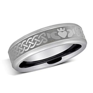 6mm - Unisex or Women's Irish Claddagh Tungsten Wedding Band. Silver Celtic Wedding Bands. Laser Etched Heart in Hands Celtic Knot Ring