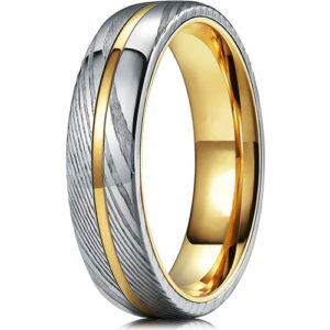 6mm - Unisex or Women's Real Damascus Steel Silver and 14K Gold Stripe Inlay Wedding Ring - Domed Style
