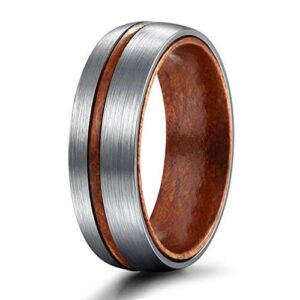 6mm - Unisex or Women's Titanium Wedding Bands. Brushed Silver Tone Ring with Thin Striped Dark Wood Inlay and Smooth Wood Inside Band. Domed Light Weight Ring.