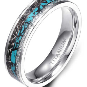 6mm - Unisex or Women's Titanium Wedding Bands. Silver and Tri Color - Titanium Ring with Turquoise and Double Inspire Meteorite Inlay. Comfort Fit Light Weight