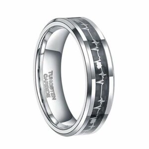 6mm - Unisex or Women's Tungsten EKG Heartbeat Wedding Band. Silver Band with Inlay Heart Life-line on Black Carbon Fiber. Tungsten Carbide Comfort Fit Love Ring