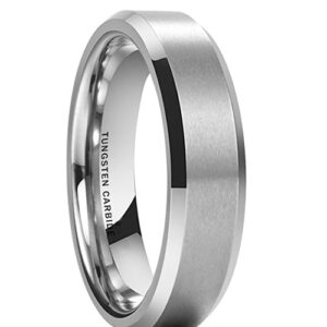 6mm - Unisex or Women's Tungsten Wedding Band Silver. Comfort Fit Matte Finish Ring with Beveled Edges