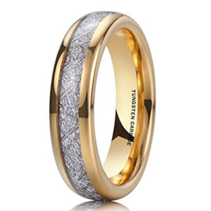 6mm - Unisex or Women's Tungsten Wedding Band. 14K Gold Plated Inspired Meteorite Ring. Domed Tungsten Carbide. Comfort Fit