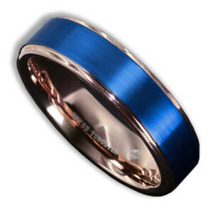 6mm - Unisex or Women's Tungsten Wedding Band. 18K Rose Gold Ring with Blue Matte Finish Top