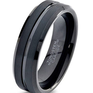 6mm - Unisex or Women's Tungsten Wedding Band. Black Beveled Edge Polished Brushed Comfort Fit Ring.