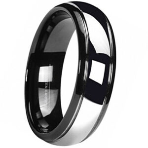 6mm - Unisex or Women's Tungsten Wedding Band. Black Duo Tone with Silver Dome Gunmetal Tungsten Carbide Wedding Ring.