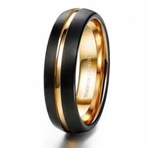 6mm - Unisex or Women's Tungsten Wedding Band. Black and 14K Yellow Gold Grooved Top and Inside. Matte Finish Tungsten Carbide Ring with Beveled Edges