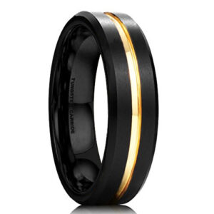 6mm - Unisex or Women's Tungsten Wedding Band. Black and 18K Yellow Gold Grooved Matte Finish Tungsten Carbide Ring with Beveled Edges