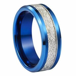 6mm - Unisex or Women's Tungsten Wedding Band. Blue Tone Ring with Inspired Meteorite. Beveled edge Tungsten Carbide Comfort Fit.