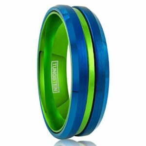 6mm - Unisex or Women's Tungsten Wedding Band. Blue with Green Groove. Matte Finish Tungsten Carbide Ring. Beveled Edge