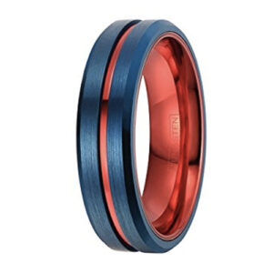 6mm - Unisex or Women's Tungsten Wedding Band. Blue with Red Groove. Matte Finish Tungsten Carbide Ring. Beveled Edge