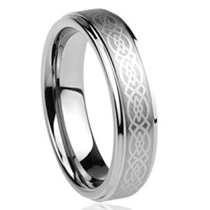 6mm - Unisex or Women's Tungsten Wedding Band. Celtic Wedding Band Silver with Laser Etched Celtic Knot. Tungsten Carbide Ring