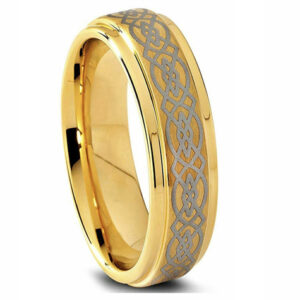 6mm - Unisex or Women's Tungsten Wedding Band. Gold Celtic Wedding Band with Laser Etched Celtic Knot and Beveled Edges.