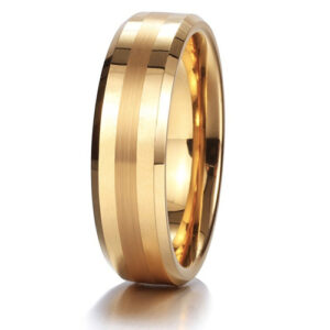 6mm - Unisex or Women's Tungsten Wedding Band. Gold Tone with Matte Finish Stripe. Comfort Fit
