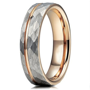 6mm - Unisex or Women's Tungsten Wedding Band. Hammered Brushed Silver Tungsten Ring with Rose Gold Interior and Stripe Design