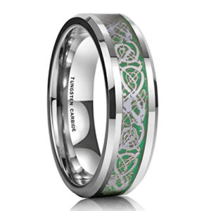 6mm - Unisex or Women's Tungsten Wedding Band. Silver Celtic Wedding Band with Green Resin Inlay. Tungsten Carbide Celtic Knot Ring