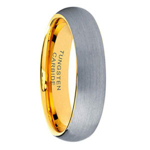 6mm - Unisex or Women's Tungsten Wedding Band. Silver / Gray and Yellow Gold Round Domed Top. Comfort Fit Brushed Wedding Rings
