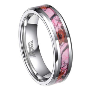 6mm - Unisex or Women's Tungsten Wedding Band. Silver Tone with Pink, Brown and Tan Camouflage Carbon Fiber Inlay