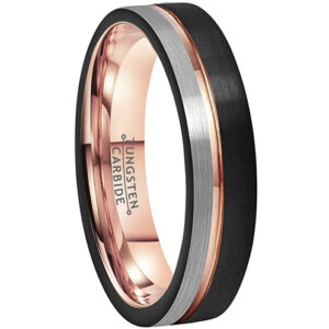 6mm - Unisex or Women's Tungsten Wedding Band. Triple Tone Black, Gray and Rose Gold Tone Striped Pattern. Tungsten Ring