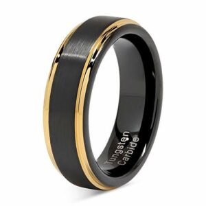 6mm - Unisex or Women's Tungsten Wedding Bands. 14K Yellow Gold and Black Tungsten Ring. Side Stripes High Polish Comfort Fit