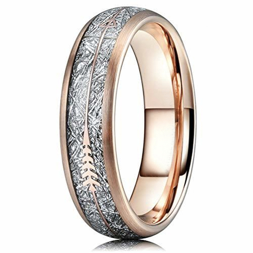 6mm - Unisex or Women's Tungsten Wedding Bands. 18K Plated Rose Gold Tone Cupid's Arrow Ring with Inspired Meteorite Inlay. Tungsten Carbide Domed Top Ring.