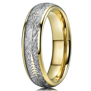 6mm - Unisex or Women's Tungsten Wedding Bands. 18K Plated Yellow Gold Tone Cupid's Arrow Ring with Inspired Meteorite Inlay. Tungsten Carbide Domed Top Ring.