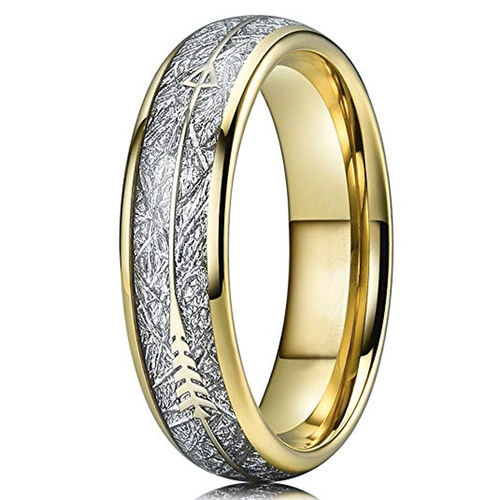 6mm - Unisex or Women's Tungsten Wedding Bands. 18K Plated Yellow Gold Tone Cupid's Arrow Ring with Inspired Meteorite Inlay. Tungsten Carbide Domed Top Ring.