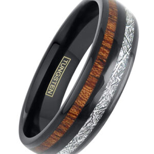 6mm - Unisex or Women's Tungsten Wedding Bands. Black Tone Band with Wood and Inspired Meteorite Inlay. Tungsten Carbide Domed Top Ring.
