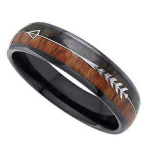 6mm - Unisex or Women's Tungsten Wedding Bands. Black Tone Cupid's Arrow over Wood Inlay. Tungsten Ring with High Polish Dark Wood Inlay. Domed Top Ring.