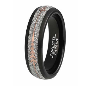 6mm - Unisex or Women's Tungsten Wedding Bands. Black Tone Ring with Rose Gold Cupid's Arrow over Inspired Meteorite Inlay. Tungsten Carbide Domed Top Ring.