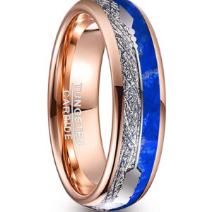 6mm - Unisex or Women's Tungsten Wedding Bands. Rose Gold Band with Cupid's Arrow with Inspired Meteorite and Blue Lasurite Inlay. Tungsten Carbide Domed Top Ring.