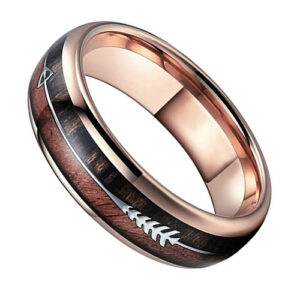 6mm - Unisex or Women's Tungsten Wedding Bands. Rose Gold Cupid's Arrow over Wood Inlay. Tungsten Ring with High Polish Dark Wood Inlay. Domed Top Ring.
