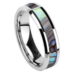 6mm - Unisex or Women's Tungsten Wedding Bands. Silver Band and Multi Color Rainbow Abalone Shell Inlay Tungsten Carbide Ring (Organic colors)