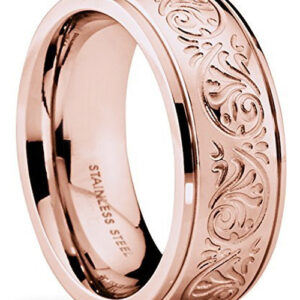 7mm - Unisex or Women's Rose Gold Tone Stainless Steel Ring Band Engraved Flower Vine / Floral Design Wedding Band Ring