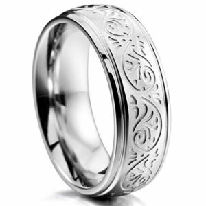 7mm - Unisex or Women's Silver Tone Stainless Steel Ring Band Engraved Flower Vine / Floral Design Wedding Band Ring