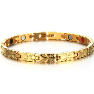 8" Inch - Magnetic Stainless Steel Bracelet Womens - Gold Tone Women's Stainless Steel Magnetic Bracelet with magnets, far infrared, germanium and negative Ion technology)