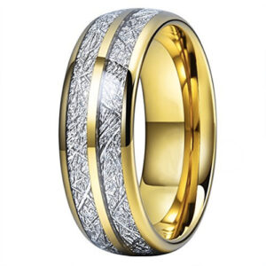 8mm - Unisex or Women's Tungsten Wedding Band. Yellow Gold Double Line Inspired Meteorite Domed Tungsten Carbide Ring. Comfort Fit