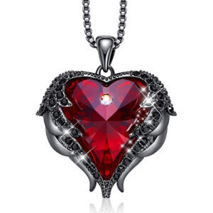 Black Pendant with Red Heart Crystal Hugged with Angel Wings and 18" Chain Necklace. For Lover's, Girl Friend, Wife, Valentine's Day, Mother's Day, Anniversary Gift Necklace for Women.