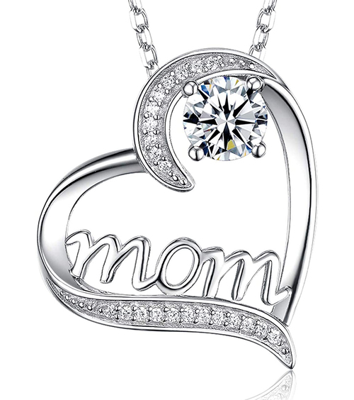 Mom Heart Pendant with Clear Stone. 18K white gold plated over sterling silver. Includes 19" Silver Tone Chain Necklace. Mother's Day Gift, Birthday Gift for Mom Necklace Jewelry