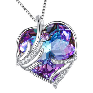 Purple and Blue Heart Crystal Pendant with Angel Wings and 18" Chain Necklace. For Lover's, Girl Friend, Wife, Valentine's Day, Mother's Day, Anniversary Gift Necklace for Women.