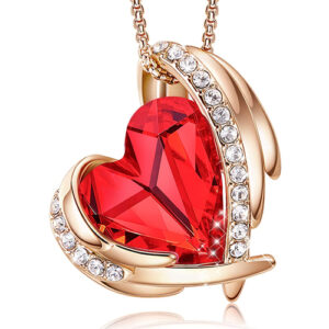 Red Crystal Heart with Angel Wings Rose Gold Pendant with 18" Chain Necklace. For Lover's, Girl Friend, Wife, Valentine's Day, Mother's Day, Anniversary Gift - Heart Necklace for Women.
