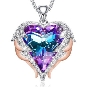 Rose Gold and White Gold (Silver Tone) Pendant with Purple and Blue Heart Crystal Hugged with Angel Wings and 18" Chain Necklace. For Lover's, Girl Friend, Wife, Valentine's Day, Mother's Day, Anniversary Gift Necklace for Women.