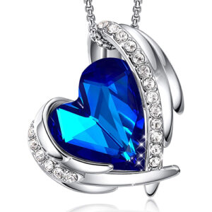 Sapphire Blue Heart Crystal Pendant with Angel Wings and 18" Chain Necklace. For Lover's, Girl Friend, Wife, Valentine's Day, Mother's Day, Anniversary Gift - Heart Necklace for Women.