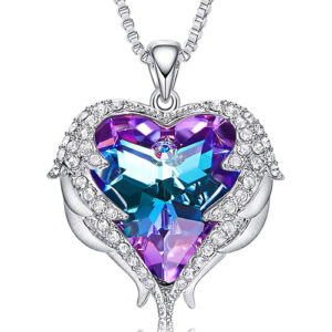 Silver Tone Pendant with Purple and Blue Heart Crystal Hugged with Angel Wings and 18" Chain Necklace. For Lover's, Girl Friend, Wife, Valentine's Day, Mother's Day, Anniversary Gift Necklace for Women.