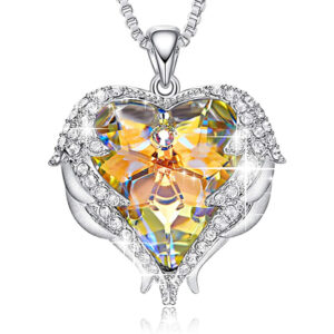 Silver Tone Pendant with Yellow Heart Crystal Hugged with Angel Wings and 18" Chain Necklace. For Lover's, Girl Friend, Wife, Valentine's Day, Mother's Day, Anniversary Gift Necklace for Women.