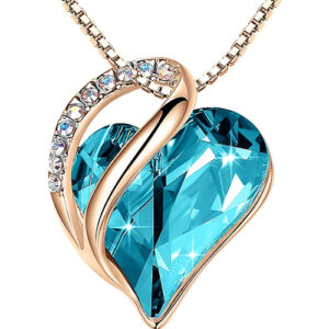 Turquoise Aquamarine Blue Heart Crystal Rose Gold Pendant with 18" Chain Necklace. March Birthstone Aqua Blue Crystal - For Lover's, Girl Friend, Wife, Valentine's Day, Mother's Day, Anniversary Gift - Heart Necklace for Women.