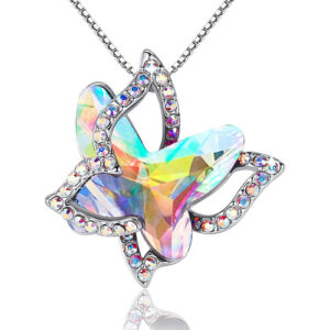 White Opal Rainbow Butterfly Crystal Pendant with 18" Chain Necklace. April Birthstone Crystal - For Lover's, Girl Friend, Wife, Valentine's Day, Mother's Day, Anniversary Gift - Butterflies Necklace for Women.